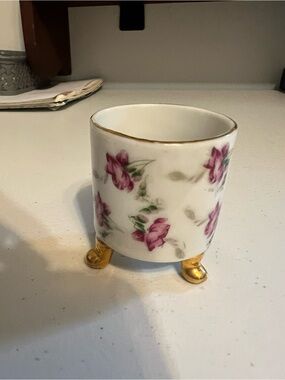 Floral Porcelain Footed Toothpick Holder in Pink and Gold